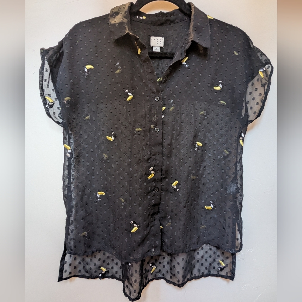 Sheer Black Collard Button Down Short Sleeve Top With Embroidered Tucans